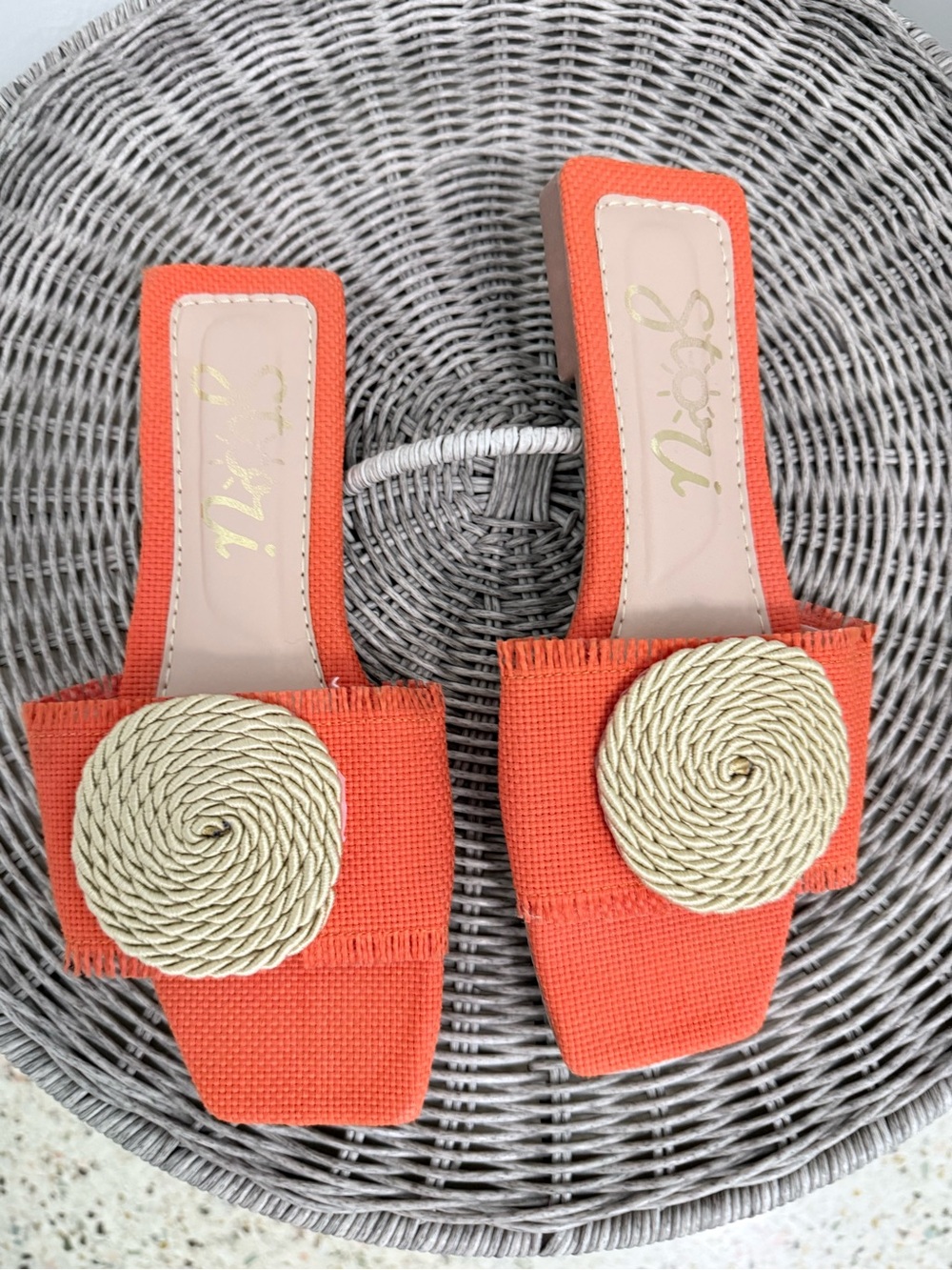Orange Slide Sandals with Rope Rosette